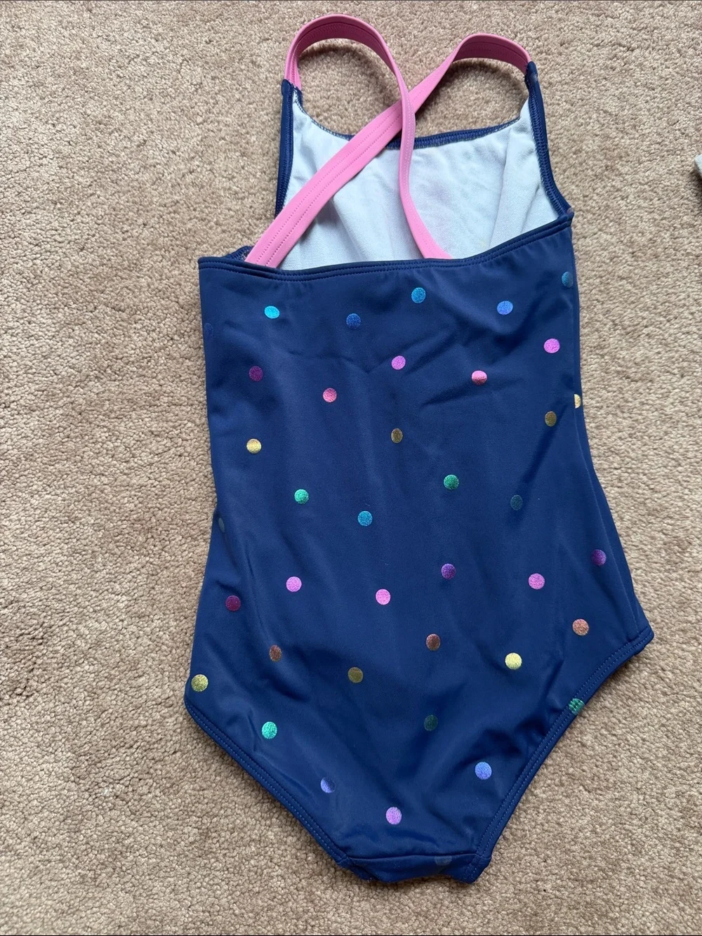 Girls Mini Boden Navy One-Piece Swimsuit with Rainbow Polka Dots